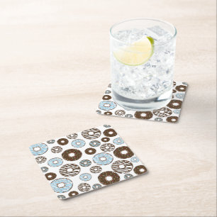 Pattern Of Doughnuts, Blue Doughnuts, Brown Doughn Square Paper Coaster