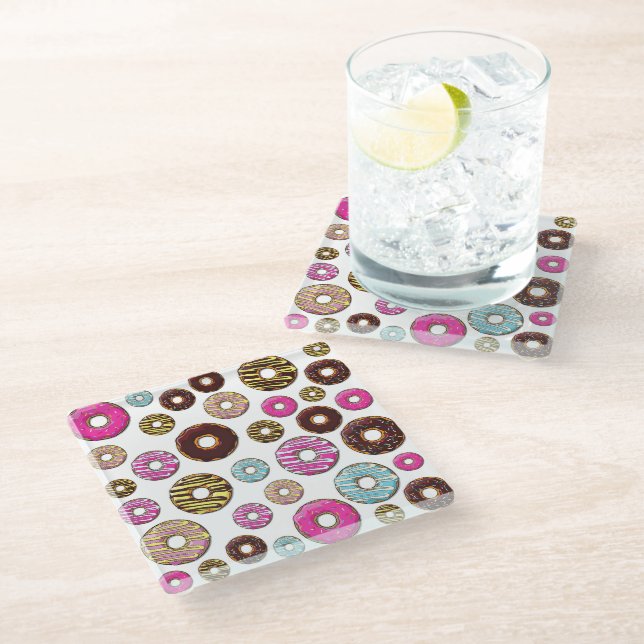 Pattern Of Doughnuts, Colourful Doughnuts, Sprinkl Glass Coaster (Angled)