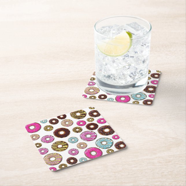 Pattern Of Doughnuts, Colourful Doughnuts, Sprinkl Square Paper Coaster (Insitu)