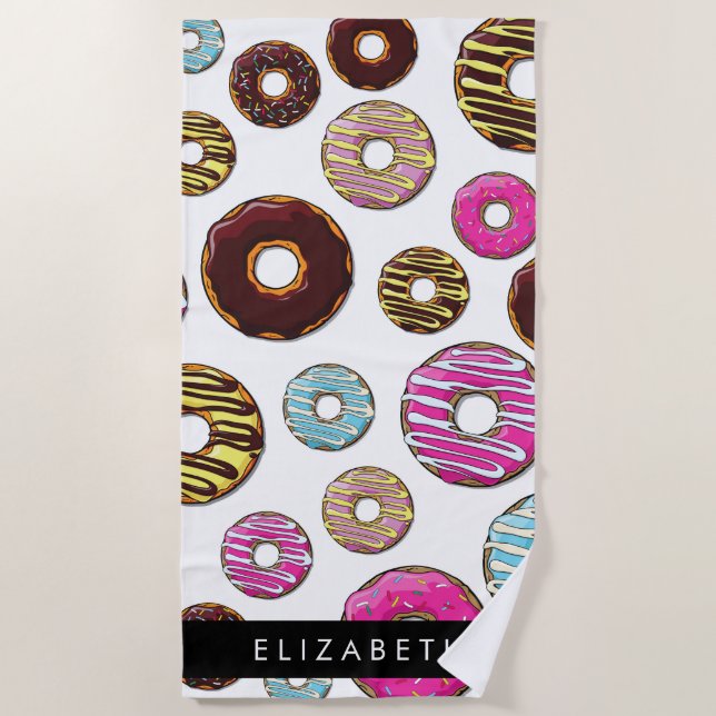Pattern Of Doughnuts, Colourful Doughnuts, Your Na Beach Towel (Front)
