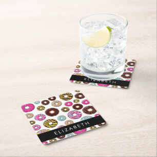Pattern Of Doughnuts, Colourful Doughnuts, Your Na Square Paper Coaster