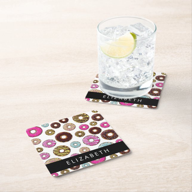 Pattern Of Doughnuts, Colourful Doughnuts, Your Na Square Paper Coaster (Insitu)