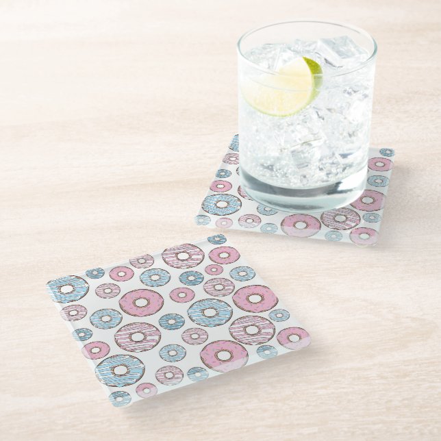 Pattern Of Doughnuts, Pink Doughnuts, Blue Doughnu Glass Coaster (Angled)