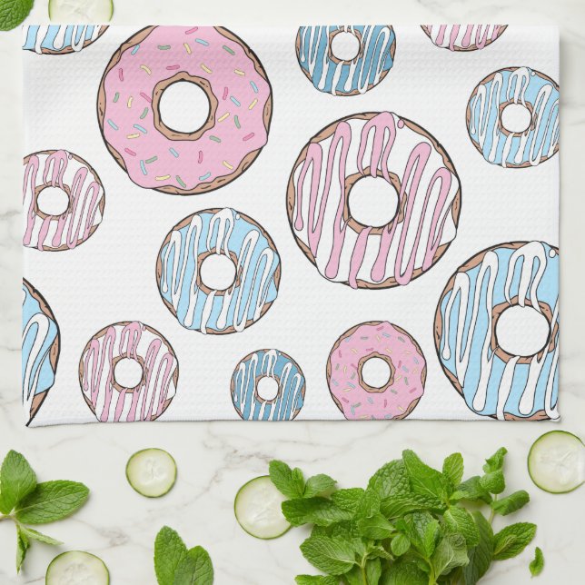 Pattern Of Doughnuts, Pink Doughnuts, Blue Doughnu Tea Towel (Folded)