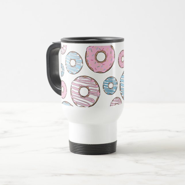 Pattern Of Doughnuts, Pink Doughnuts, Blue Doughnu Travel Mug (Front Left)