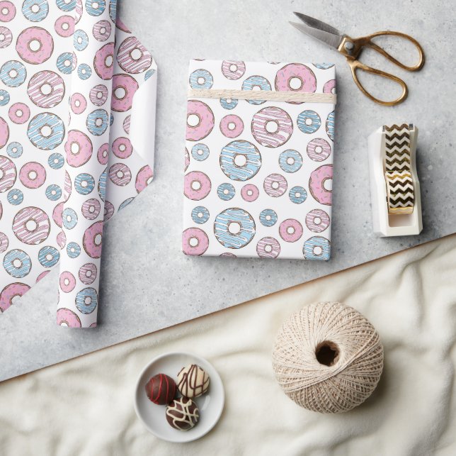 Pattern Of Doughnuts, Pink Doughnuts, Blue Doughnu Wrapping Paper (Crafts)