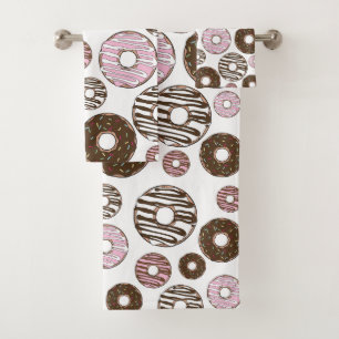 Pattern Of Doughnuts, Pink Doughnuts, Brown Doughn Bath Towel Set