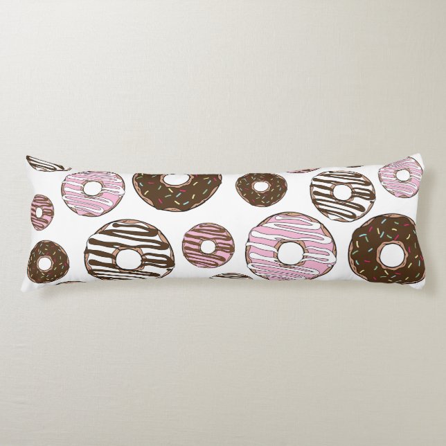 Pattern Of Doughnuts, Pink Doughnuts, Brown Doughn Body Cushion (Front)