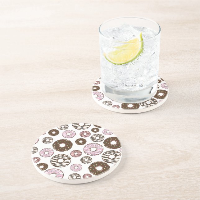 Pattern Of Doughnuts, Pink Doughnuts, Brown Doughn Coaster (Side)