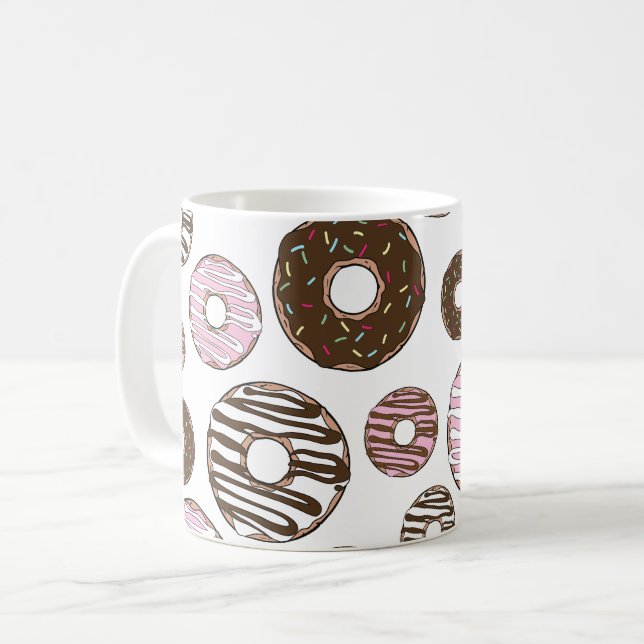 Pattern Of Doughnuts, Pink Doughnuts, Brown Doughn Coffee Mug (Front Left)
