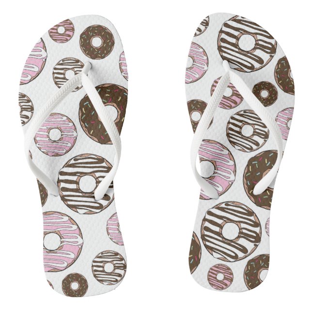 Pattern Of Doughnuts, Pink Doughnuts, Brown Doughn Flip Flops (Footbed)