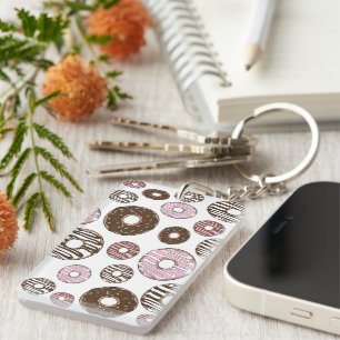 Pattern Of Doughnuts, Pink Doughnuts, Brown Doughn Key Ring