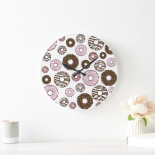 Pattern Of Doughnuts, Pink Doughnuts, Brown Doughn Large Clock