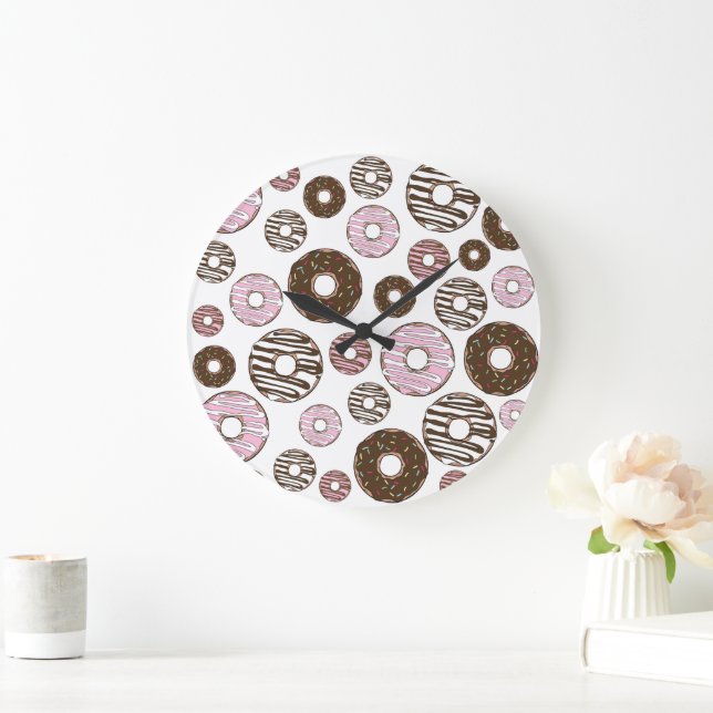 Pattern Of Doughnuts, Pink Doughnuts, Brown Doughn Large Clock (Home)