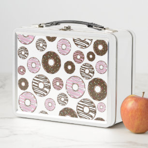 Pattern Of Doughnuts, Pink Doughnuts, Brown Doughn Metal Lunch Box