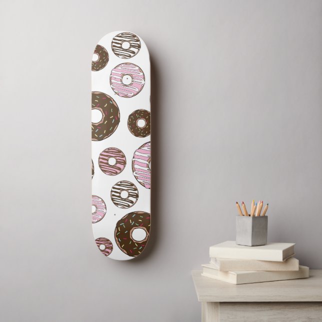 Pattern Of Doughnuts, Pink Doughnuts, Brown Doughn Skateboard (Wall Art)