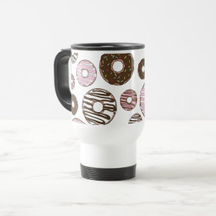 Pattern Of Doughnuts, Pink Doughnuts, Brown Doughn Travel Mug