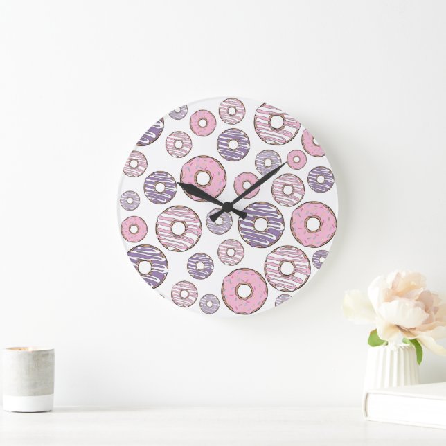 Pattern Of Doughnuts, Pink Doughnuts, Purple Dough Large Clock (Home)