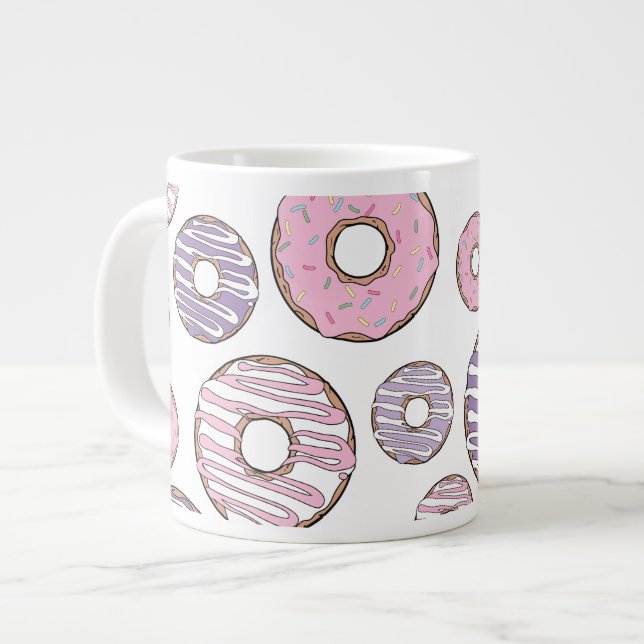 Pattern Of Doughnuts, Pink Doughnuts, Purple Dough Large Coffee Mug (Front Left)