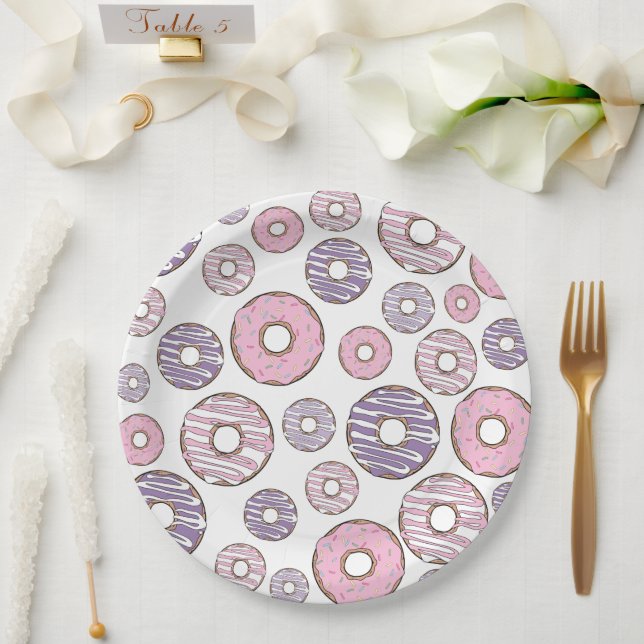 Pattern Of Doughnuts, Pink Doughnuts, Purple Dough Paper Plate (Wedding)