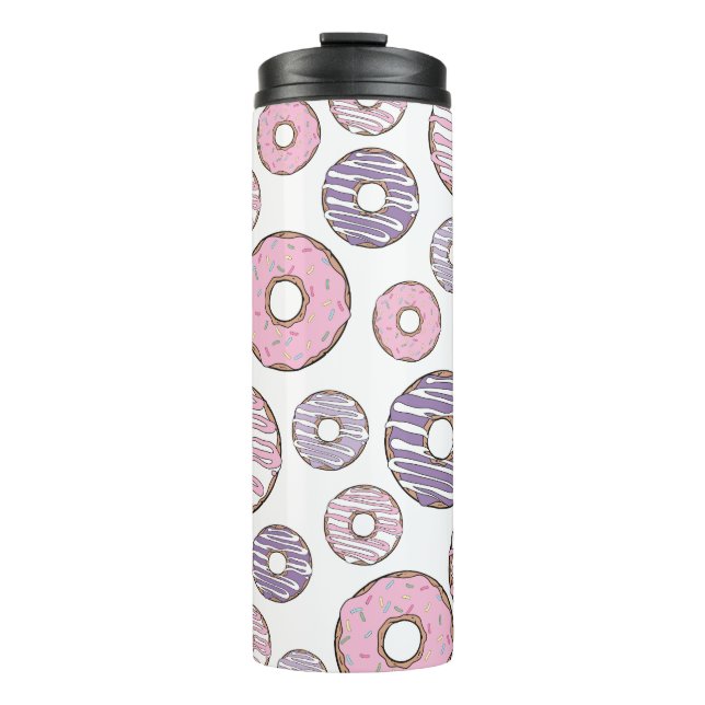 Pattern Of Doughnuts, Pink Doughnuts, Purple Dough Thermal Tumbler (Front)