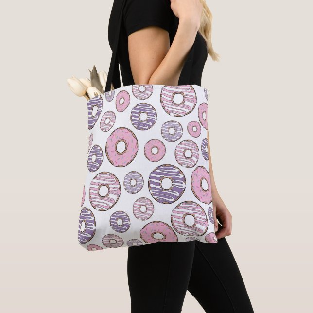 Pattern Of Doughnuts, Pink Doughnuts, Purple Dough Tote Bag (Close Up)