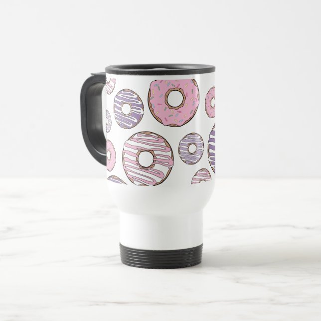 Pattern Of Doughnuts, Pink Doughnuts, Purple Dough Travel Mug (Front Left)