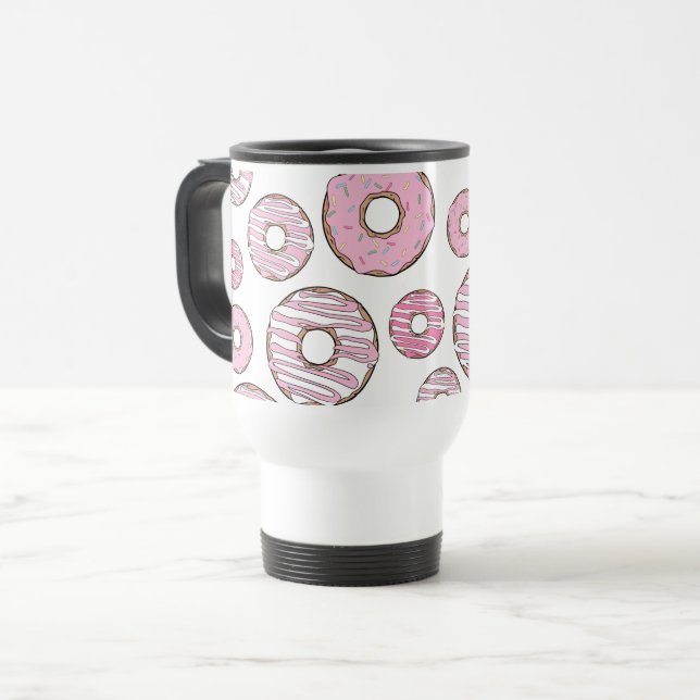 Pattern Of Doughnuts, Pink Doughnuts, Sprinkles Travel Mug (Front Left)