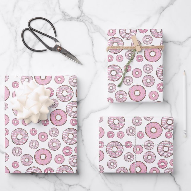 Pattern Of Doughnuts, Pink Doughnuts, Sprinkles Wrapping Paper Sheet (Front)