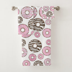 Pattern Of Doughnuts, Pink Doughnuts, White Doughn Bath Towel Set
