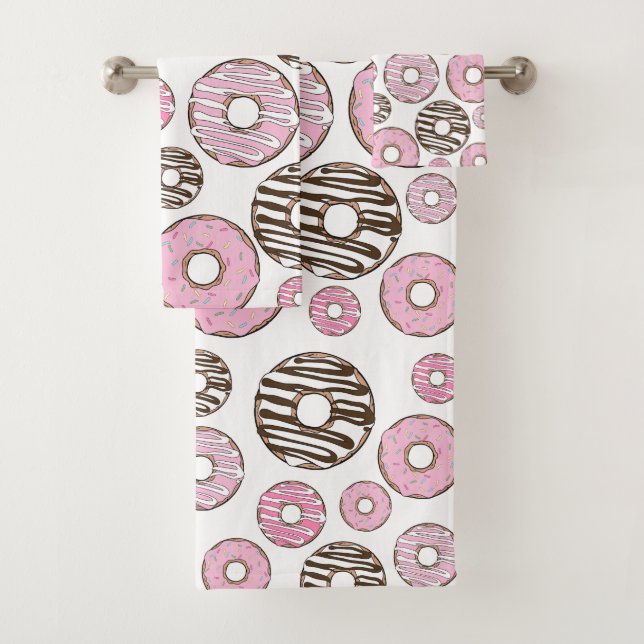 Pattern Of Doughnuts, Pink Doughnuts, White Doughn Bath Towel Set (Insitu)