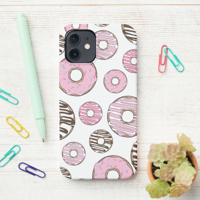Pattern Of Doughnuts, Pink Doughnuts, White Doughn iPhone Case (On Desk)