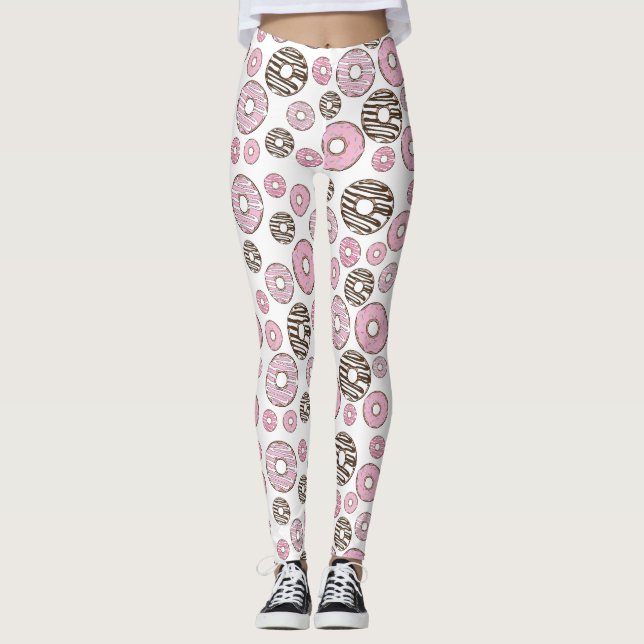 Pattern Of Doughnuts, Pink Doughnuts, White Doughn Leggings (Front)