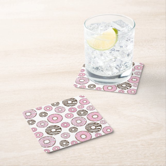 Pattern Of Doughnuts, Pink Doughnuts, White Doughn Square Paper Coaster (Insitu)