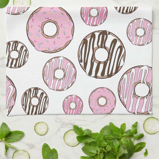 Pattern Of Doughnuts, Pink Doughnuts, White Doughn Tea Towel (Folded)