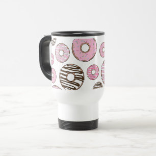 Pattern Of Doughnuts, Pink Doughnuts, White Doughn Travel Mug