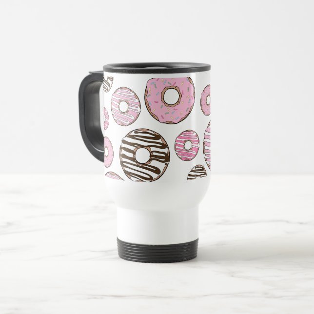 Pattern Of Doughnuts, Pink Doughnuts, White Doughn Travel Mug (Front Left)