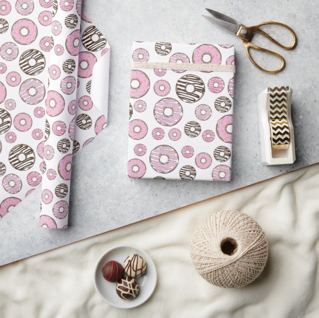 Pattern Of Doughnuts, Pink Doughnuts, White Doughn Wrapping Paper (Crafts)