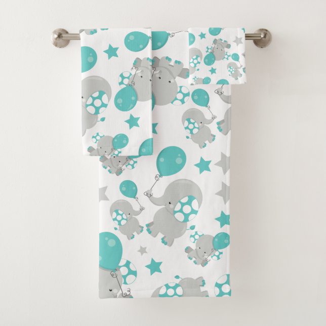 Pattern Of Elephants, Cute Elephants - Blue Grey Bath Towel Set (Insitu)