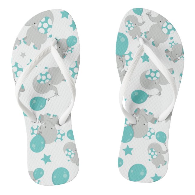 Pattern Of Elephants, Cute Elephants - Blue Grey Flip Flops (Footbed)
