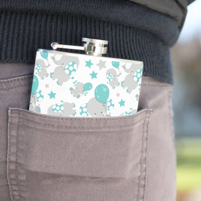 Pattern Of Elephants, Cute Elephants - Blue Grey Hip Flask (In Situ)