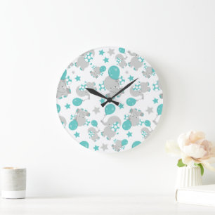Pattern Of Elephants, Cute Elephants - Blue Grey Large Clock