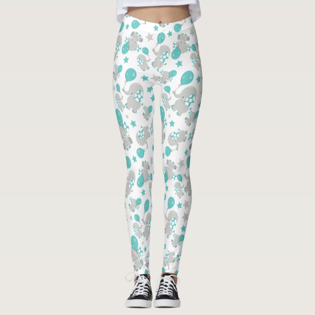 Pattern Of Elephants, Cute Elephants - Blue Grey Leggings (Front)