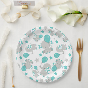 Pattern Of Elephants, Cute Elephants - Blue Grey Paper Plate