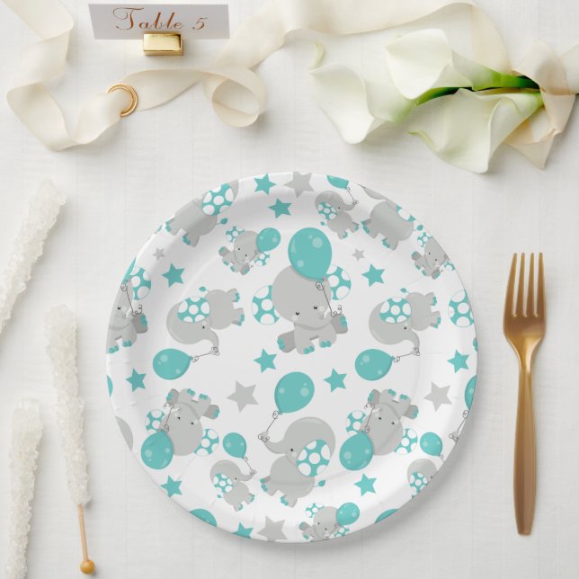 Pattern Of Elephants, Cute Elephants - Blue Grey Paper Plate (Wedding)