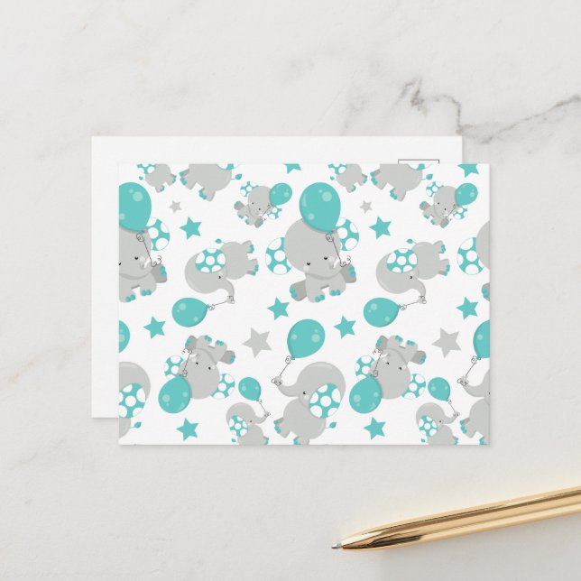 Pattern Of Elephants, Cute Elephants - Blue Grey Postcard (Front/Back In Situ)