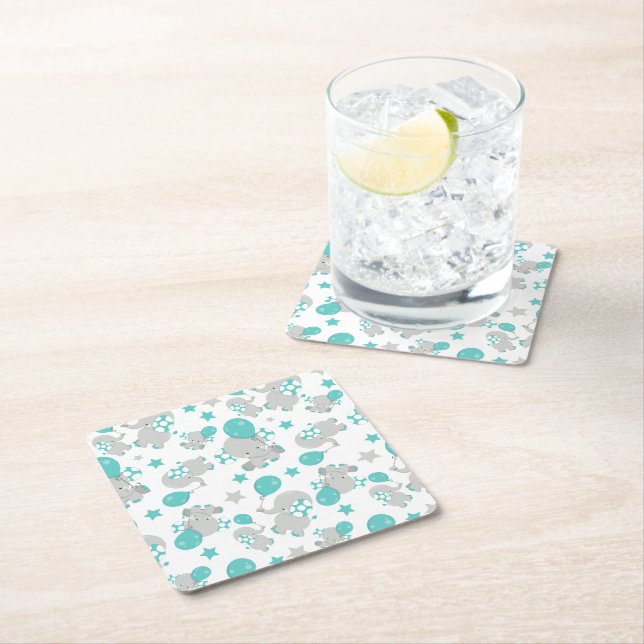 Pattern Of Elephants, Cute Elephants - Blue Grey Square Paper Coaster (Insitu)