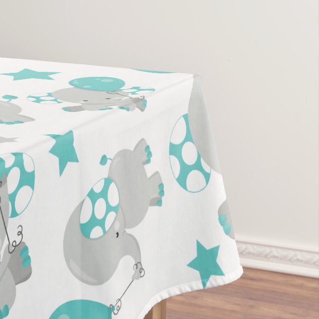 Pattern Of Elephants, Cute Elephants - Blue Grey Tablecloth (In Situ)