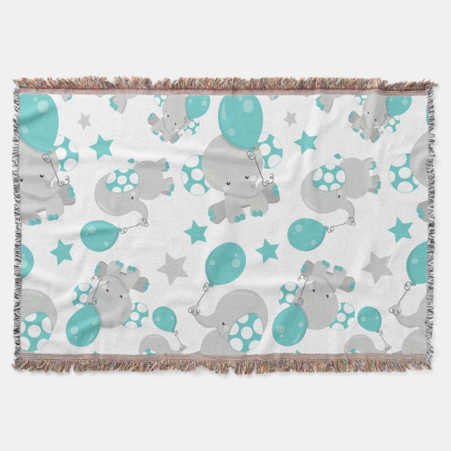 Pattern Of Elephants, Cute Elephants - Blue Grey Throw Blanket (Front)