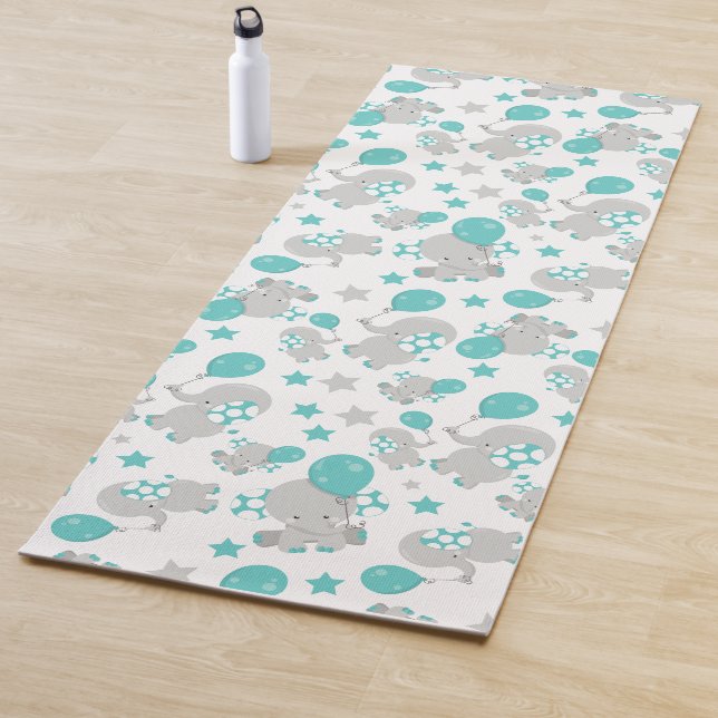 Pattern Of Elephants, Cute Elephants - Blue Grey Yoga Mat (In Situ)